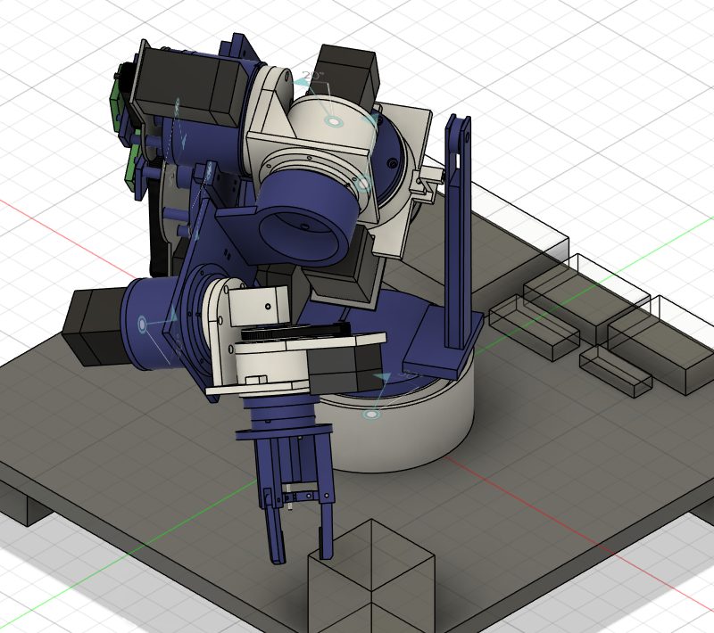 The arm in Fusion 360, posed on its test bench.